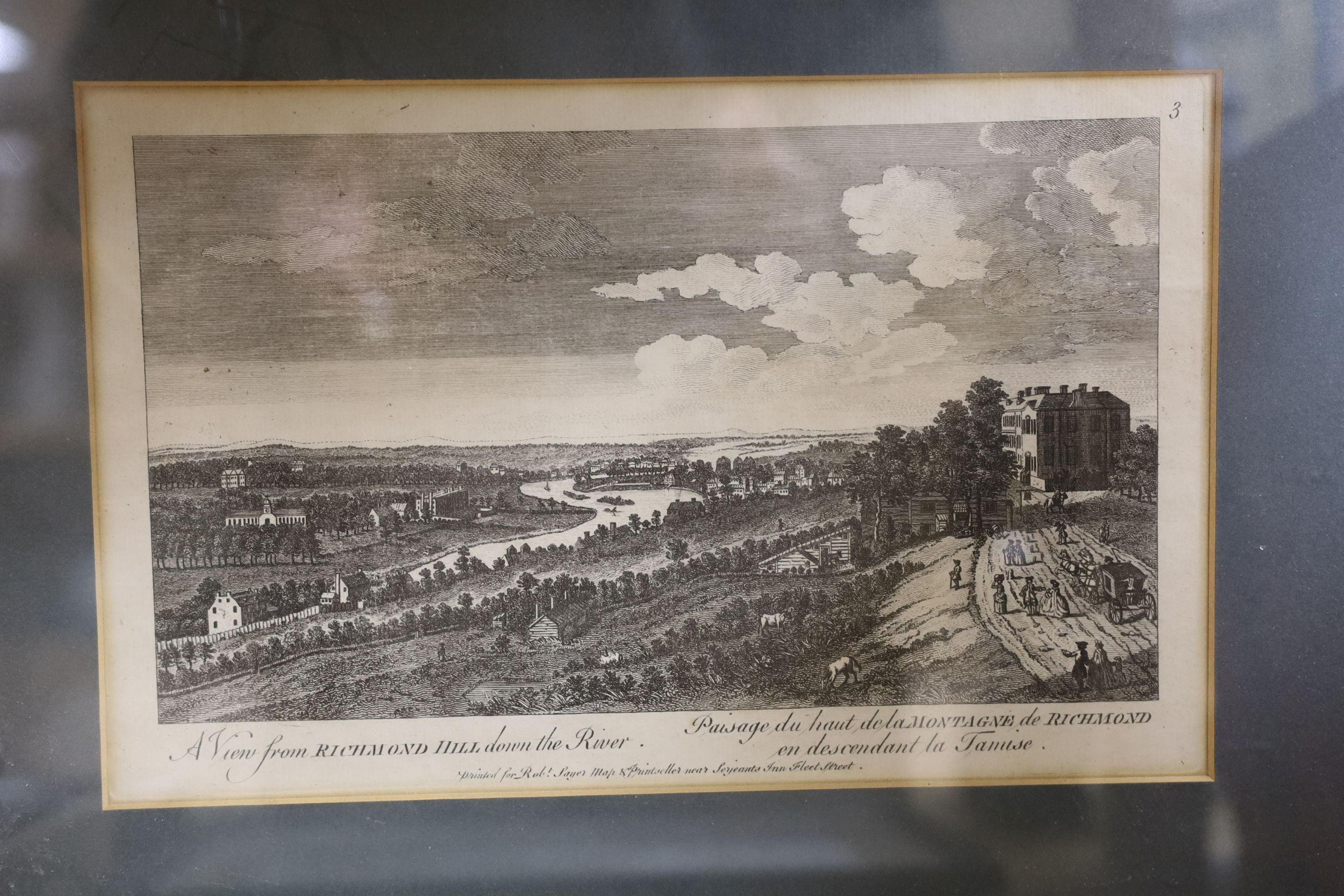 18th century English School, five engravings, Views of Hampton Court, Richmond, Isleworth and Twickenham from the river, and an additional view from Richmond Hill, largest 18 x 27cm